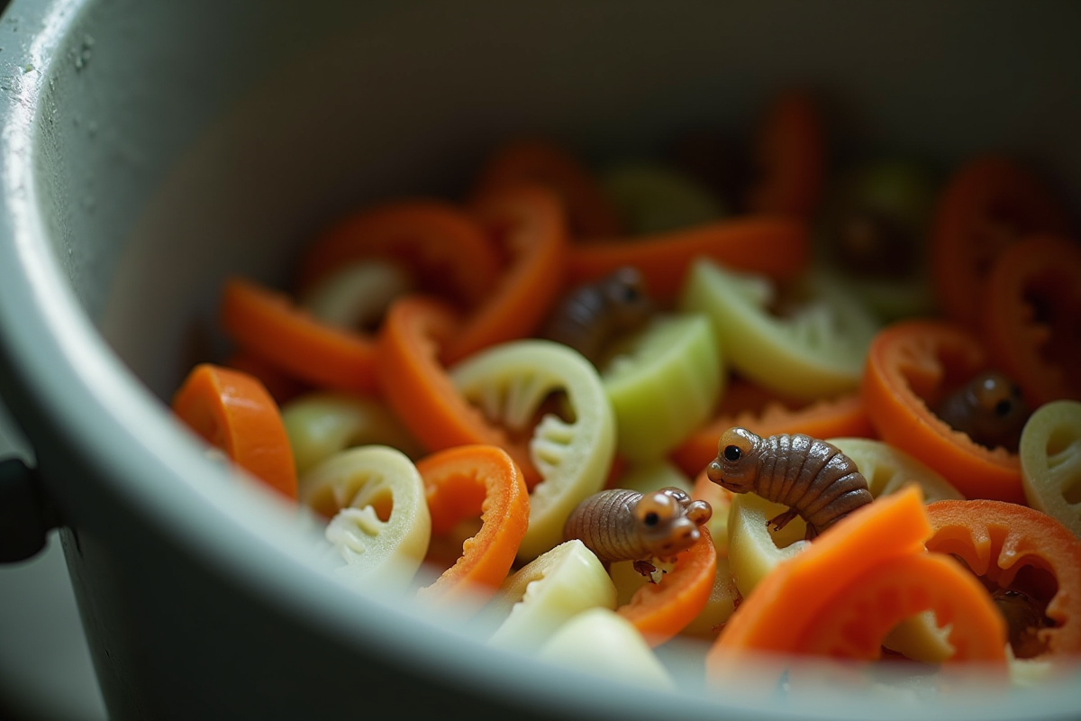Zoom sur des asticots dans une poubelle de cuisine