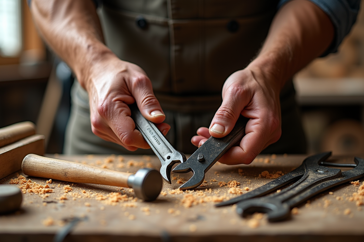 Mains d artisan tenant des outils essentiels sur une table en bois rustique