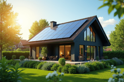 Maison moderne avec panneaux solaires et jardin vert