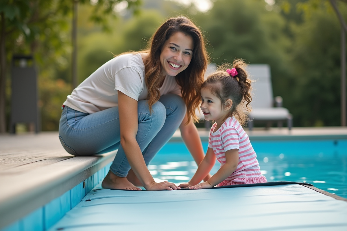 Maman souriante posant avec sa fille et la couverture de piscine