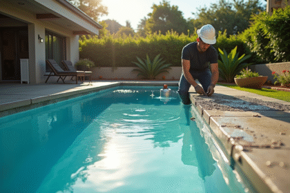Construction d'une piscine moderne en extérieur avec ouvriers