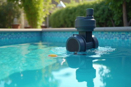 Installation piscine moderne avec pompe en fonctionnement