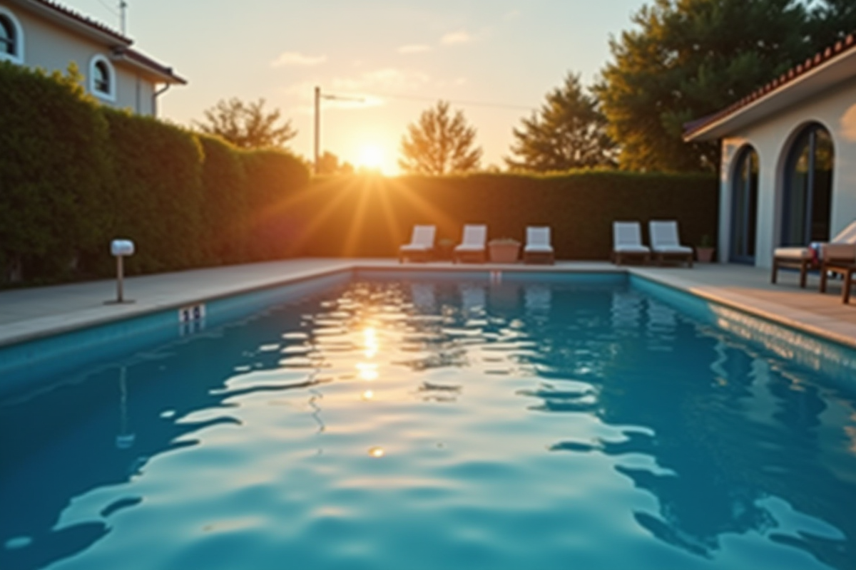 Piscine familiale au coucher du soleil avec pompe et détente