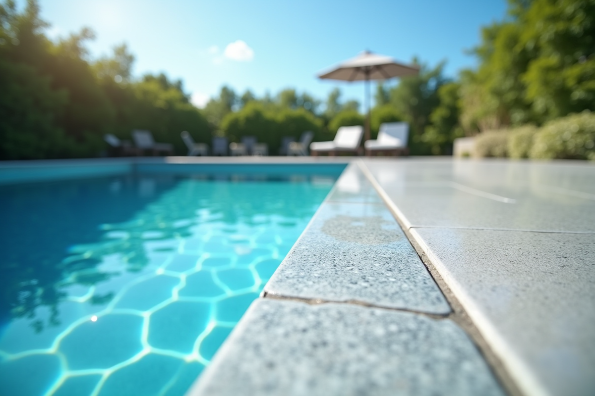 Reflets dans la piscine avec transition entre carrelage et béton