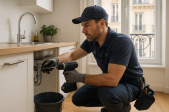 Plombier professionnel utilisant outils modernes pour réparer un evier bouché à Paris