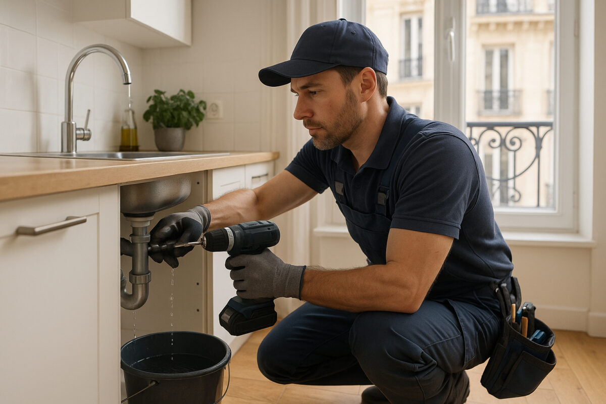 Plombier professionnel utilisant outils modernes pour réparer un evier bouché à Paris