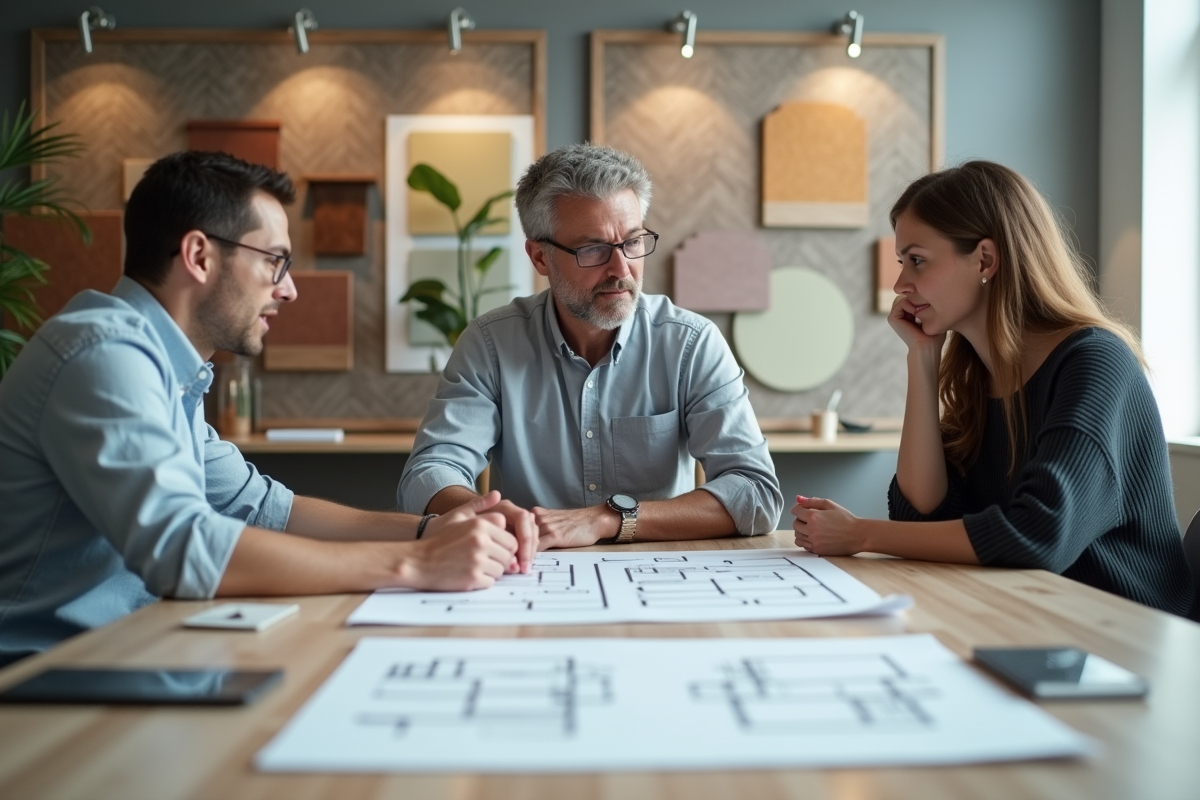 Décorateur et couple étudient des plans dans un bureau moderne