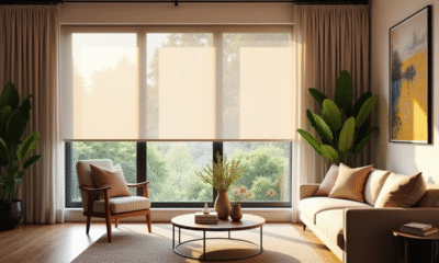 Salon moderne avec rideaux élégants et plantes vertes