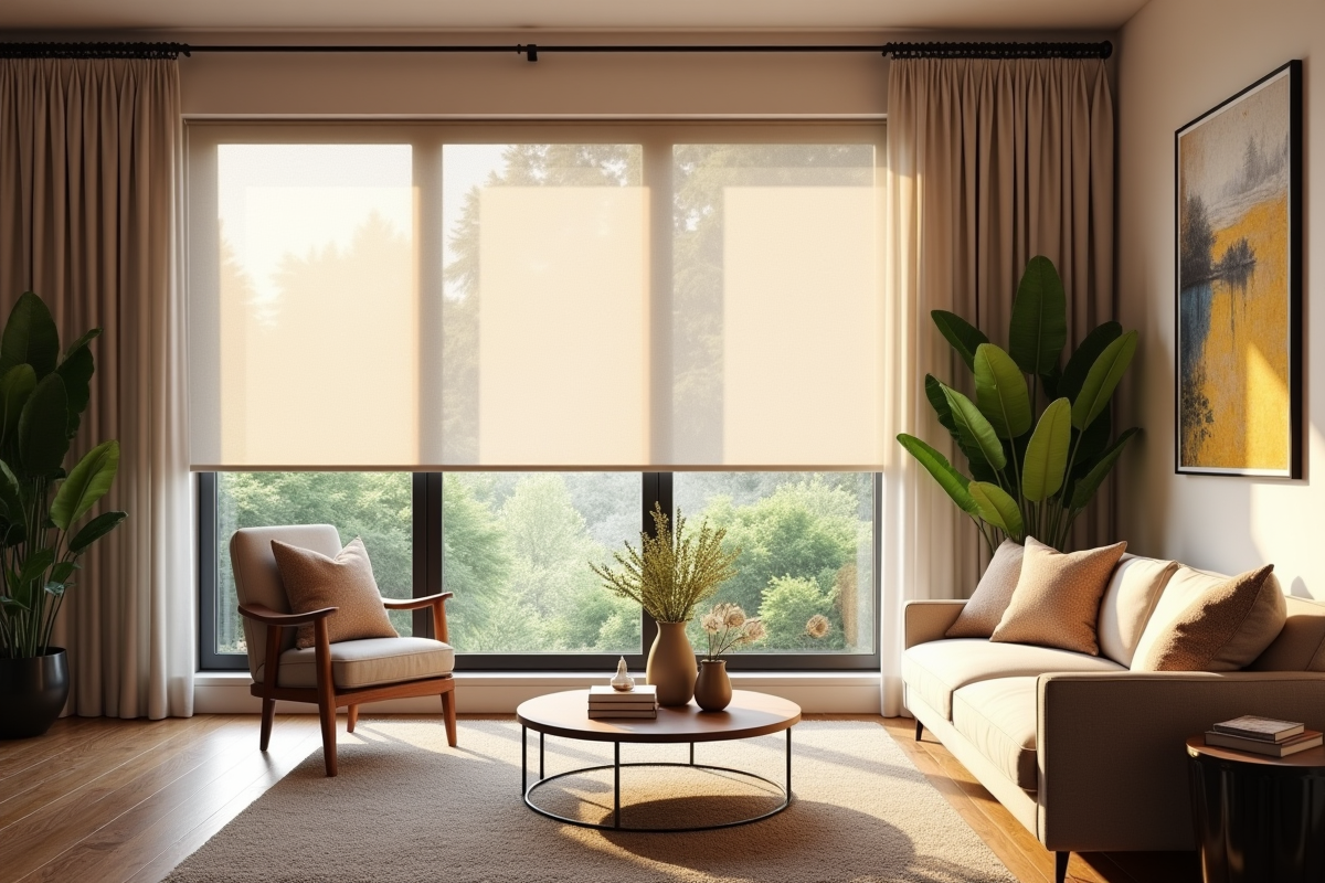 Salon moderne avec rideaux élégants et plantes vertes