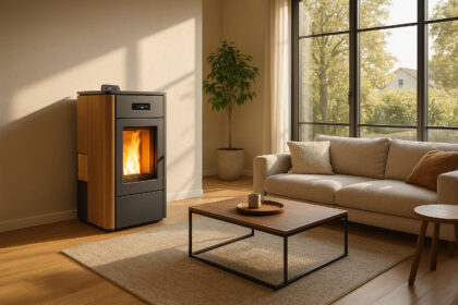 Salon moderne avec poêle hybride design épuré et grande fenêtre