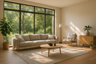 Salon moderne lumineux avec grandes fenêtres sud