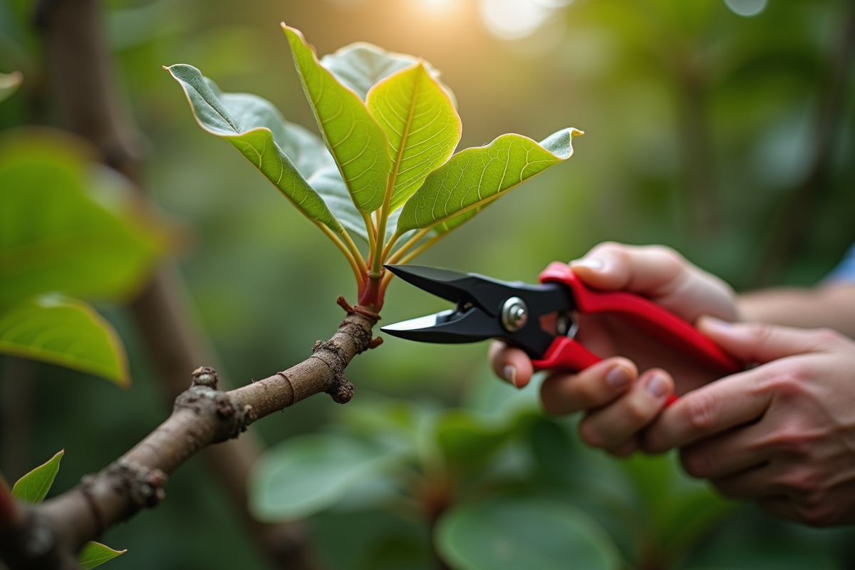 Gros plan sur des mains taillant une branche de figuier